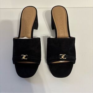 AEROSOLES Black Suede Open-Toe Slide Mules with Gold Accent